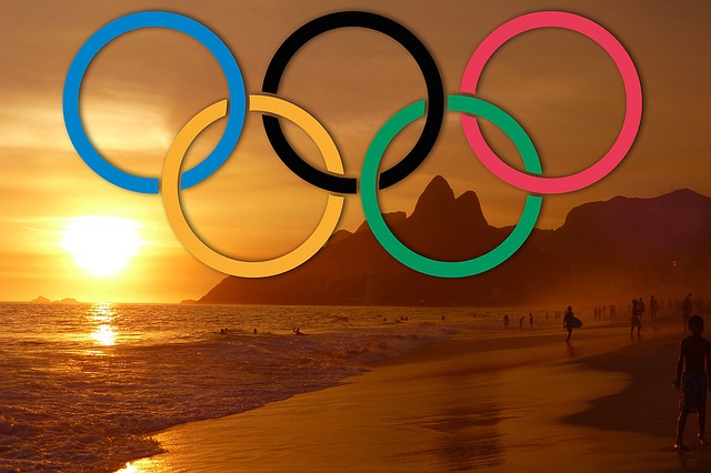 Rio beach with Olympic rings imposed