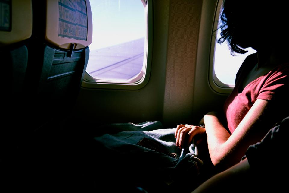 Passagier, vliegtuig, vlucht, vliegtuigraampje, window seat